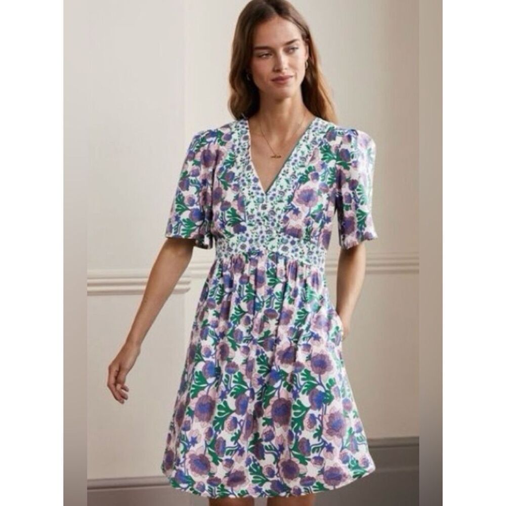 Boden V-Neck Contrast Detail Dress Multi Terrace Bud Floral Boho Dress Size 6R